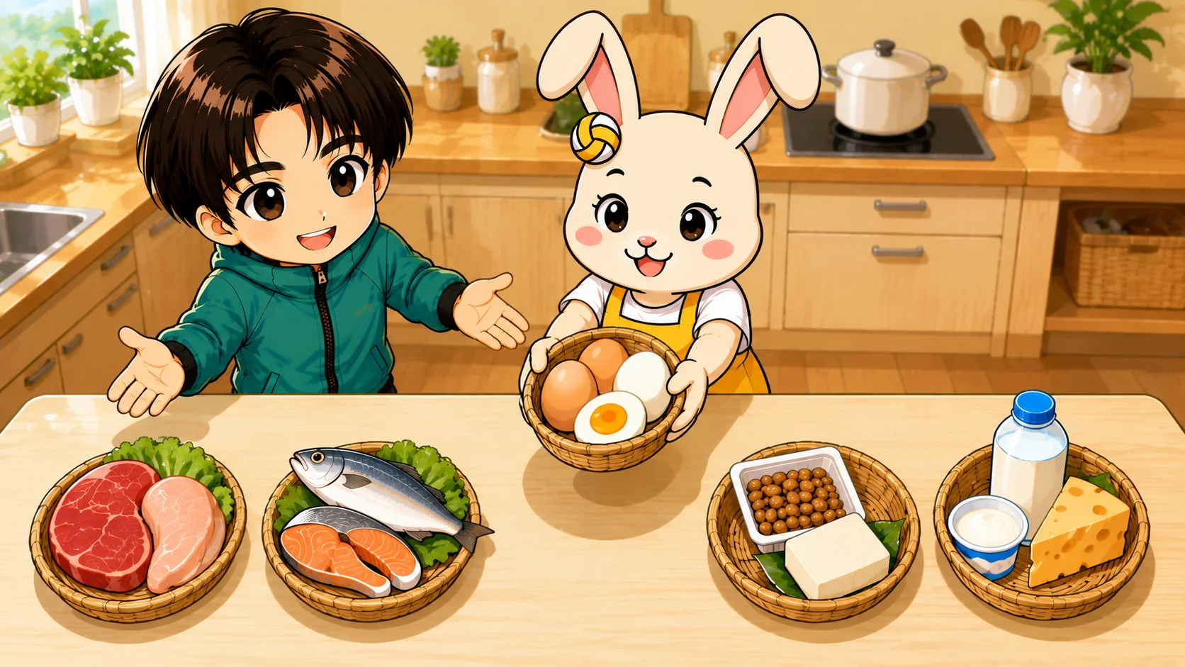 タンパク質を多く含む肉・魚・卵・大豆製品・乳製品の食品グループのイラスト