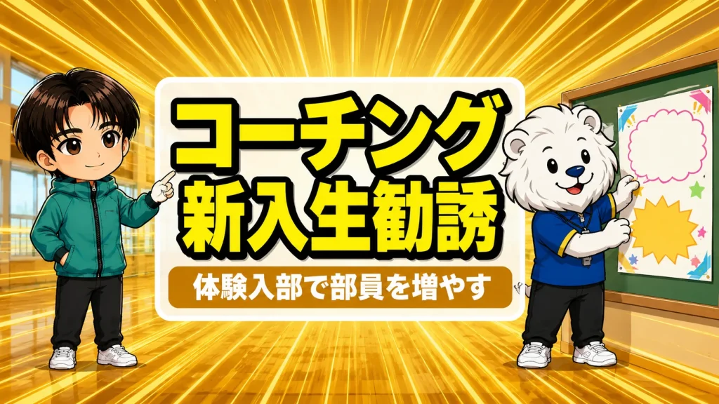 バレー部の新入生勧誘で部員募集ポスターを貼るコーチのイラスト