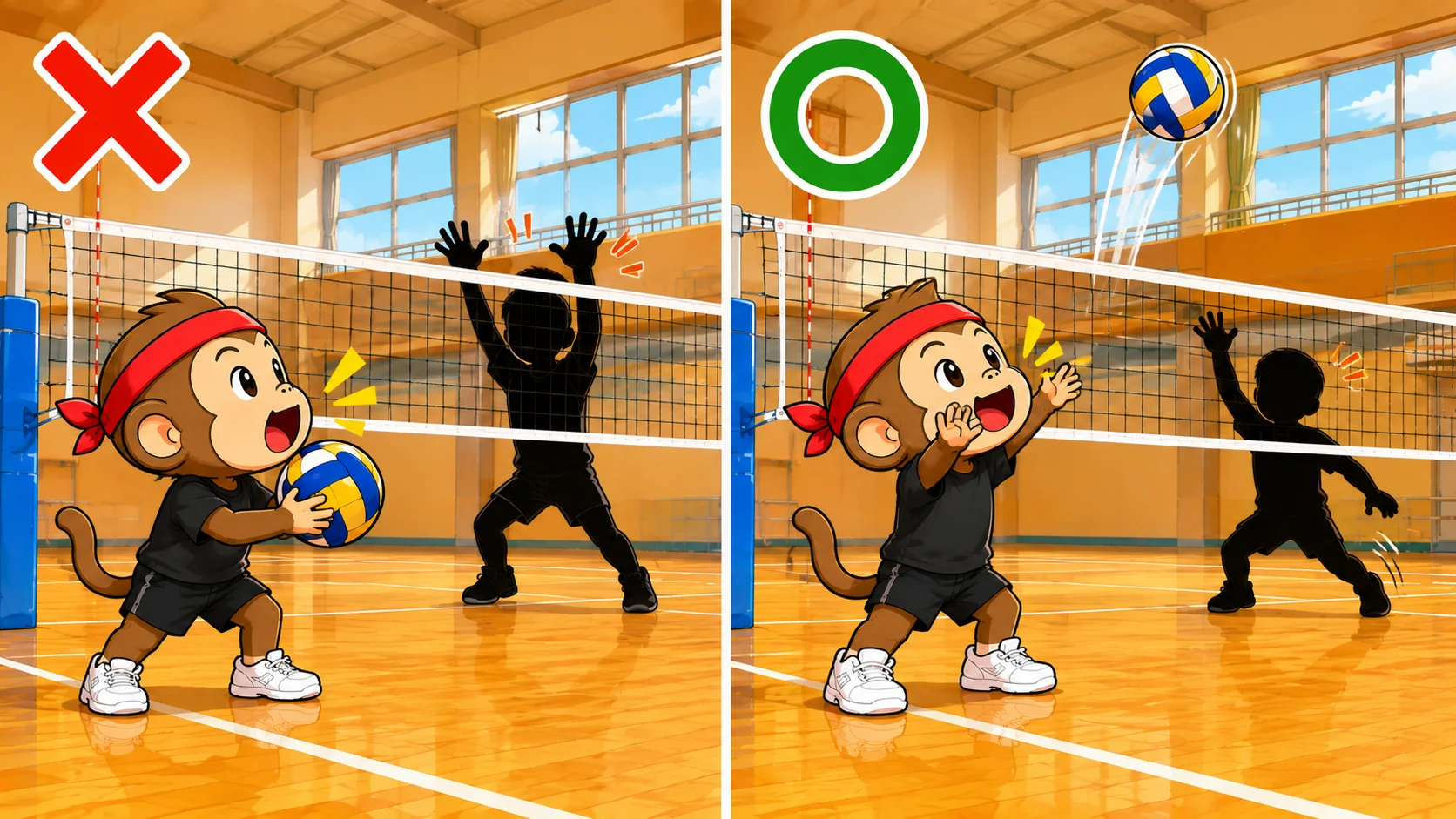 トスを上げる前に声を出す悪い例と上げてから声を出す良い例の比較図