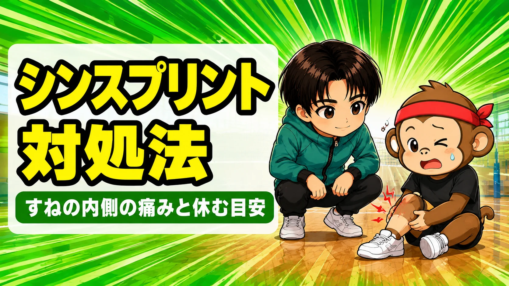 バレーのシンスプリントですねの内側が痛む選手とコーチのイラスト