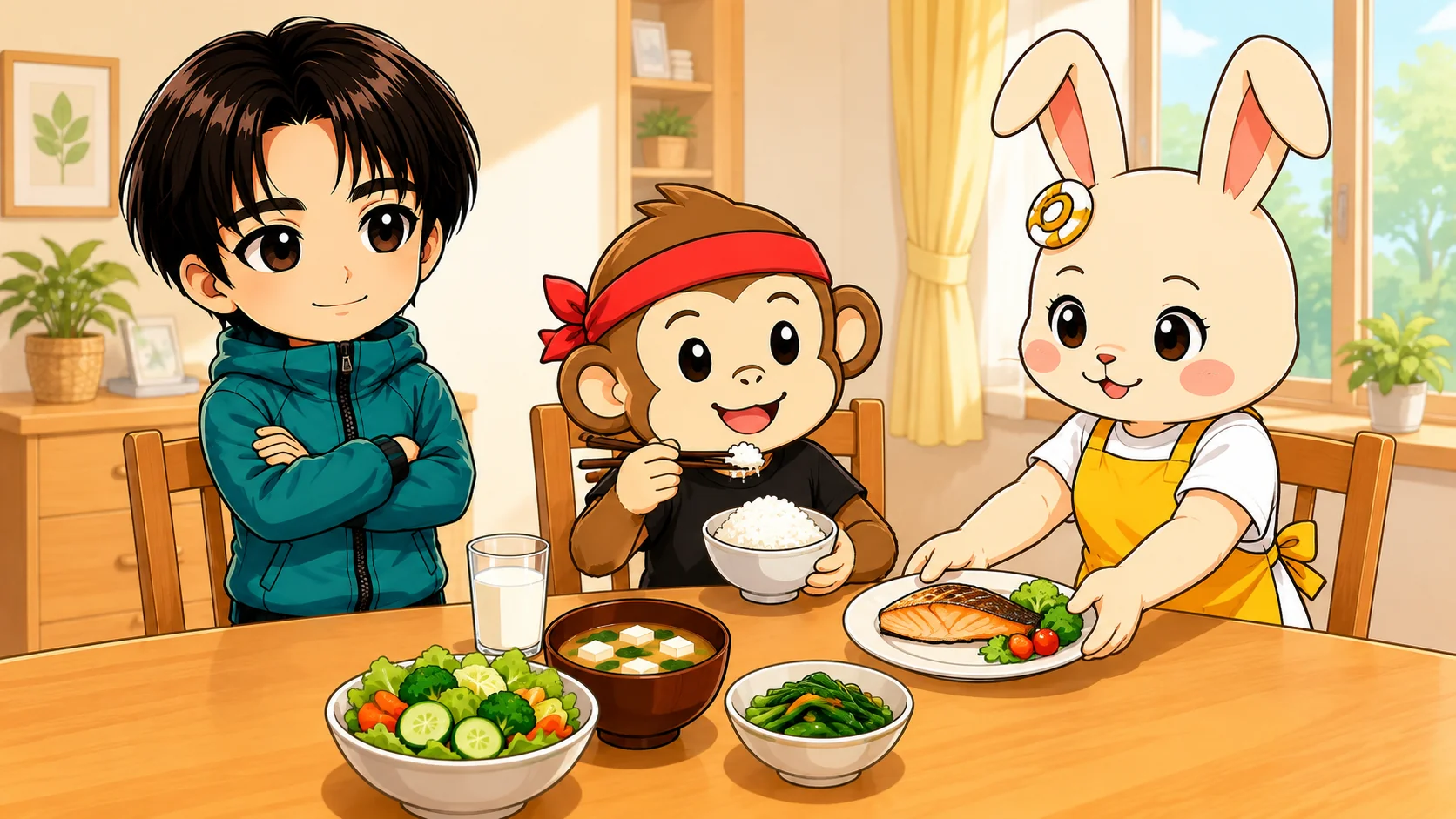 練習後の食事が体づくりを支えるバレー選手の食育のイラスト
