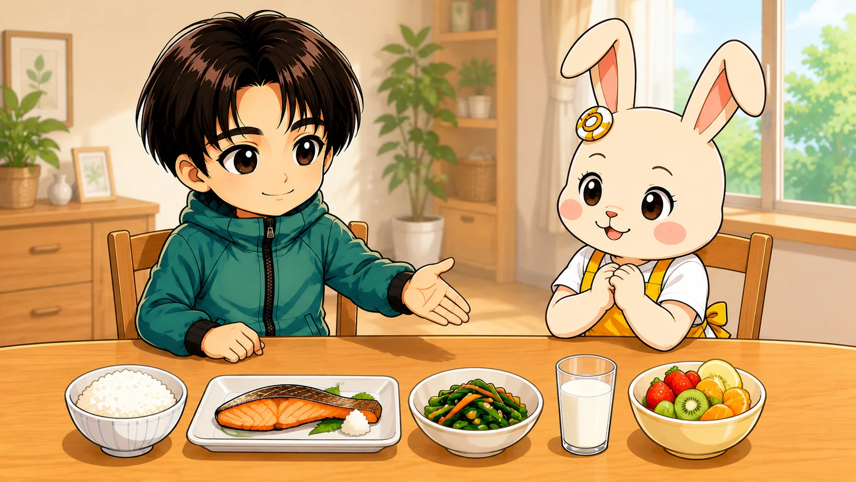 食育の基本となる主食・主菜・副菜・乳製品・果物がそろった食卓のイラスト