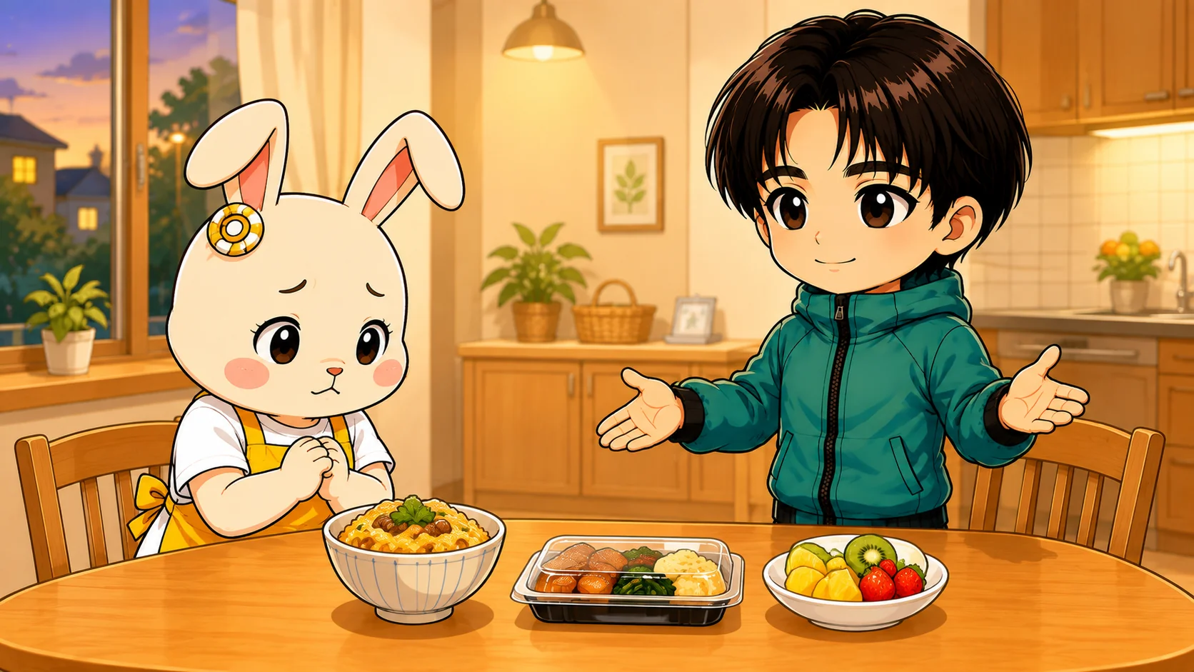 完璧をめざさず70点の食卓を続ける保護者の食育サポートのイラスト