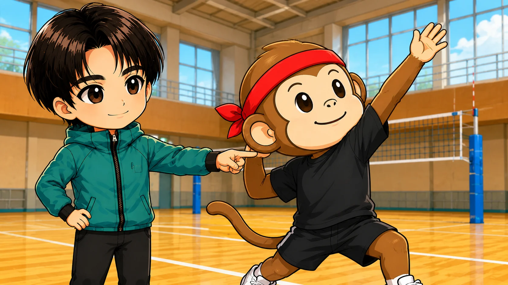 スパイクで腕を振り上げる肩の動きを解説するあげばコーチとサルくん