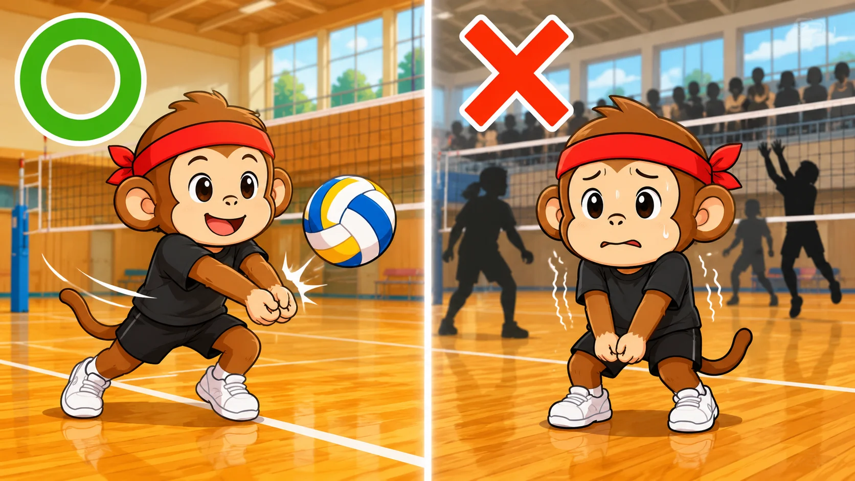 練習ではできるのに試合で体が固まる選手の比較図(スポーツメンタルコーチを検討するサイン)