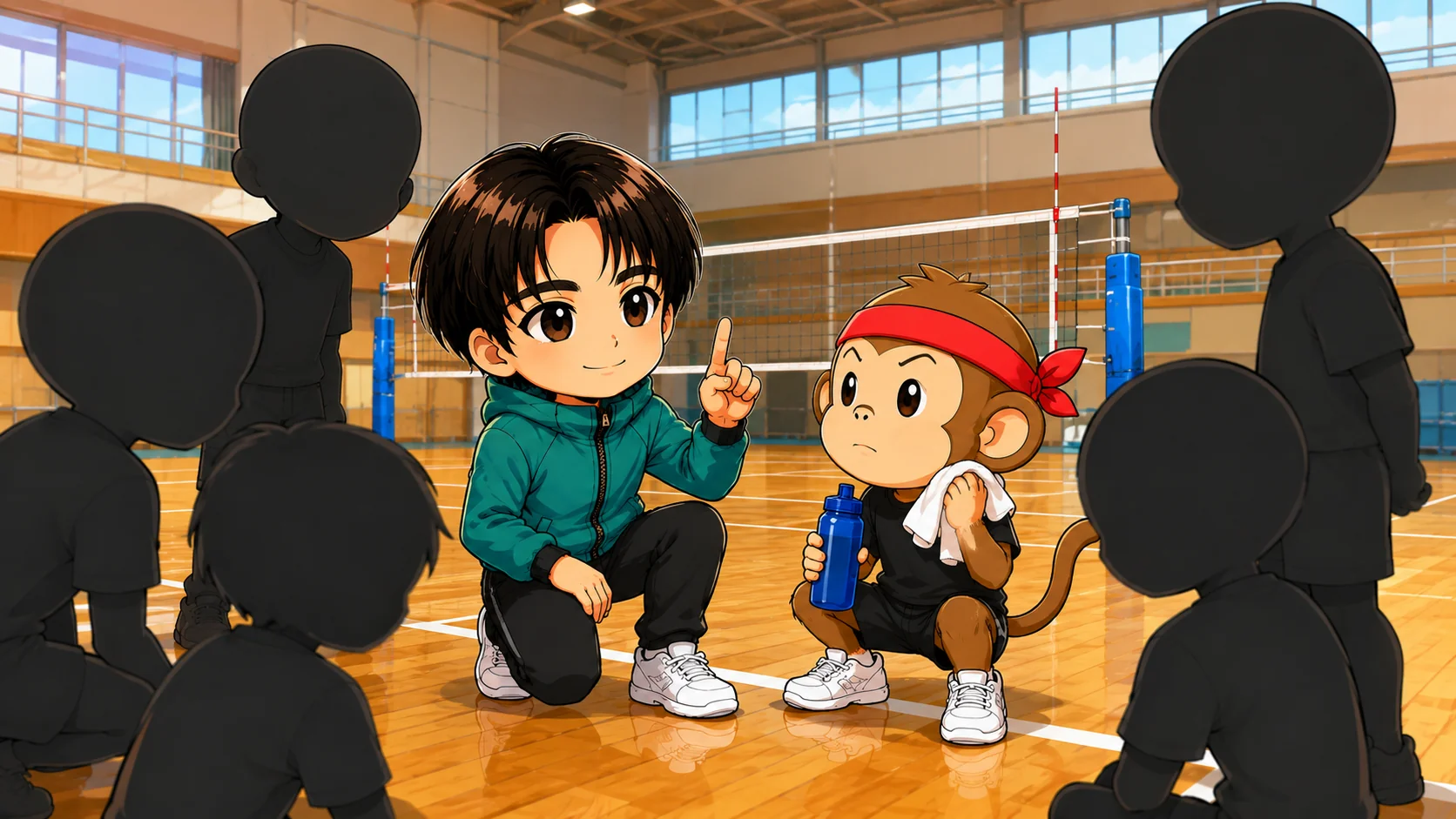 連続失点を止めるタイムアウトでコーチが原因を1つだけ選手に伝えている場面のイラスト