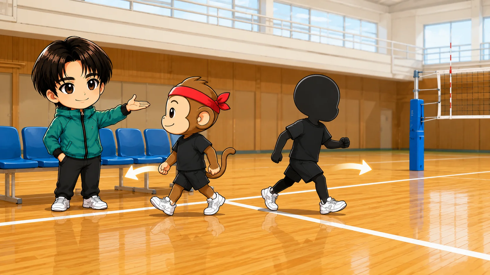 バレーの選手交代でコートの選手とベンチの選手が交代ゾーンで入れ替わる場面のイラスト