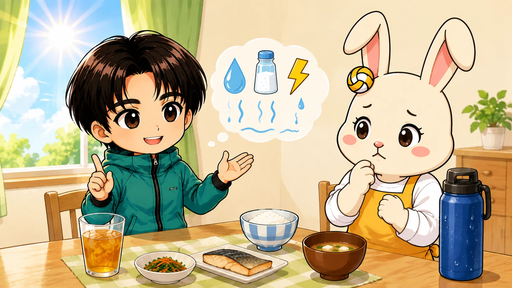 夏バテで食欲が落ちて食事が進まない様子と汗で失われる水分や塩分の説明イラスト