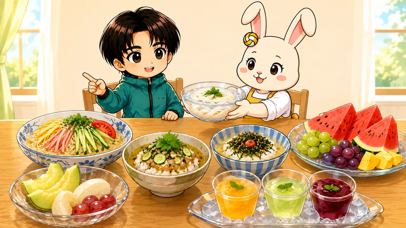 夏バテでも喉を通るそうめんや冷やし中華や果物など冷たい食事メニューのイラスト