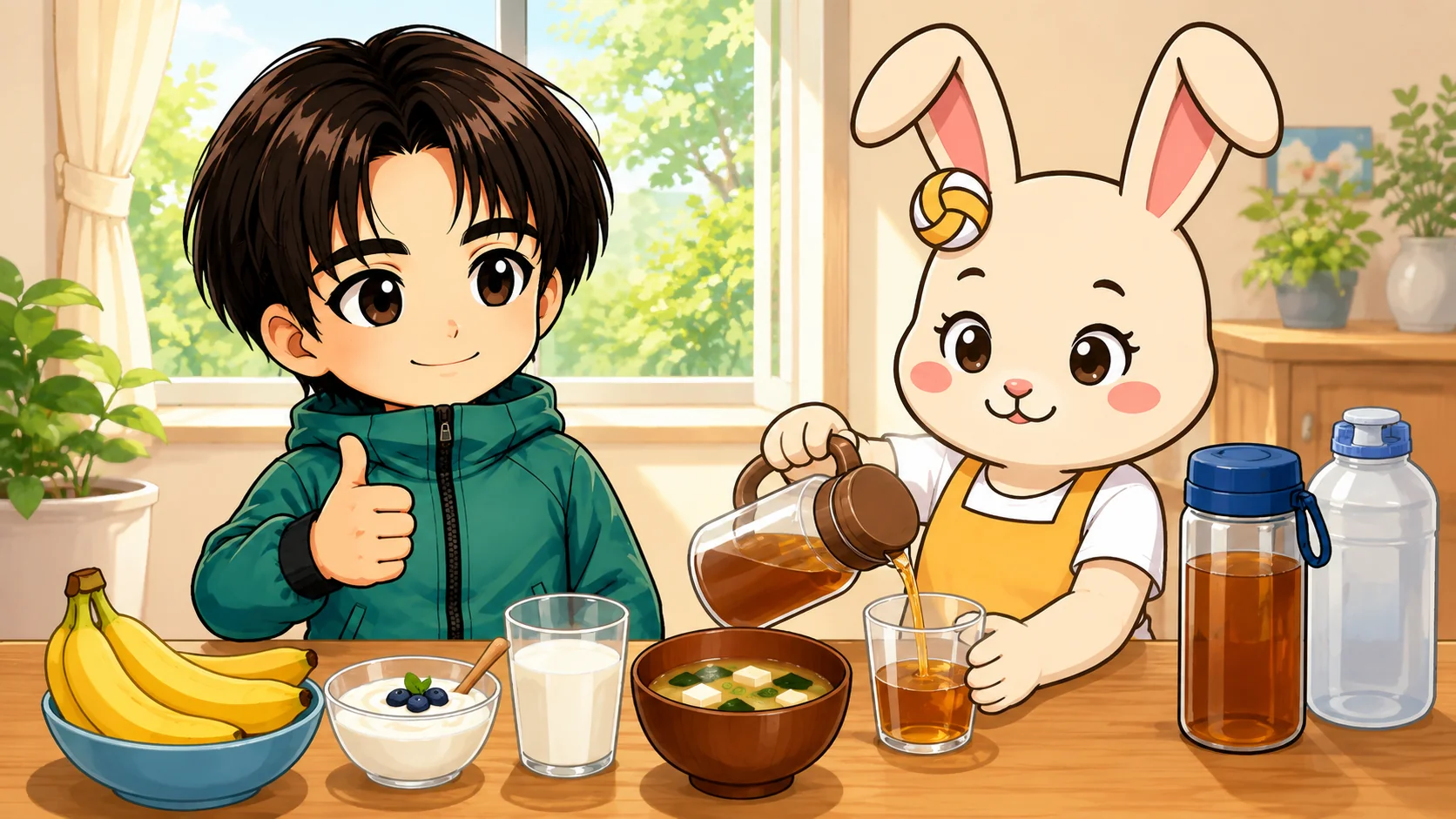 夏バテを防ぐ水分と塩分の補給と朝ごはんを食べる食事のリズムのイラスト