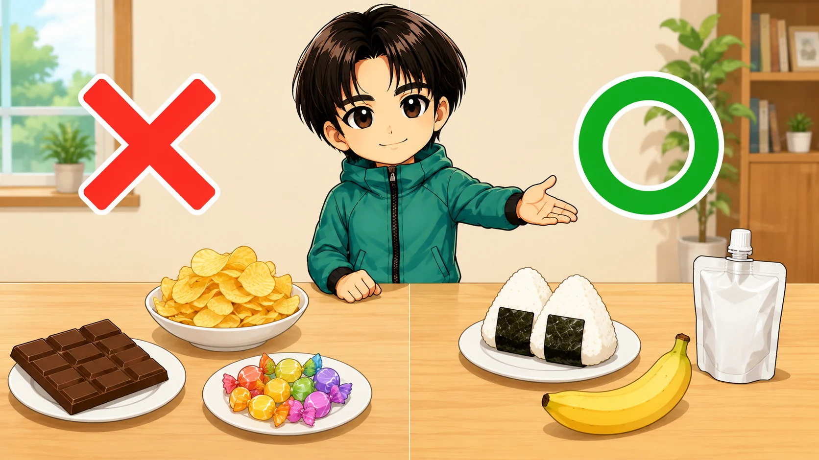 バレーボールの補食に向く食べ物とお菓子のちがいを比べたイラスト