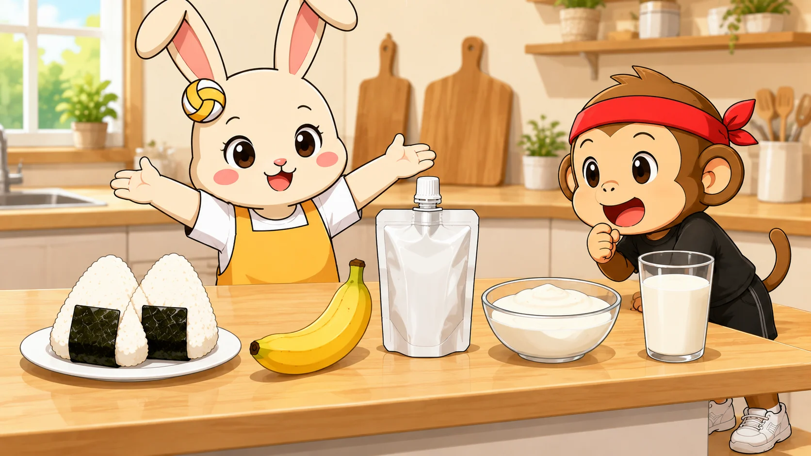 補食の種類となるおにぎり・バナナ・ゼリー飲料・乳製品を並べたイラスト