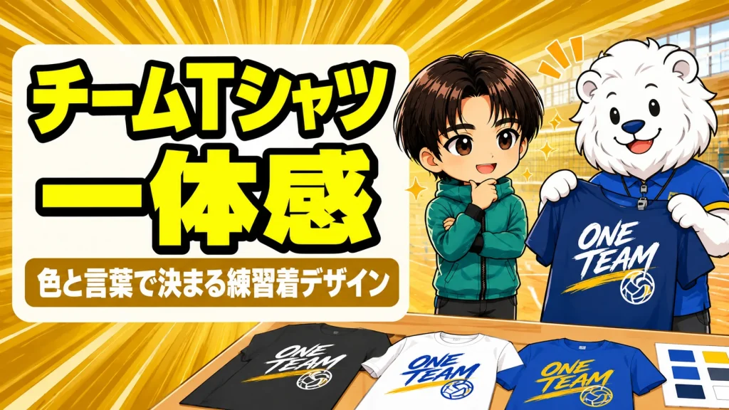 バレーのチームTシャツ・練習着のデザインを相談する指導者のイラスト