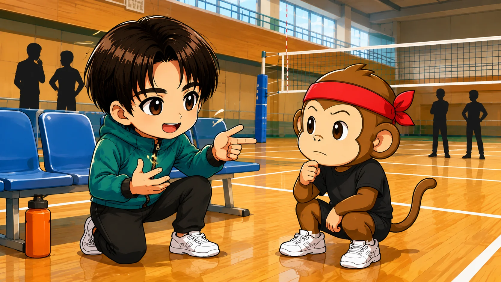 バレーのタイムアウトで試合を止めてベンチで作戦を伝える場面のイラスト