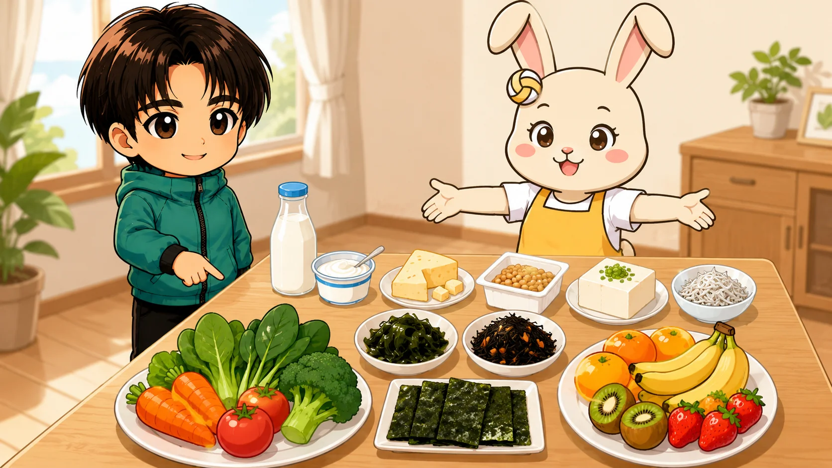 ビタミン・ミネラルを多く含む野菜・海藻・果物・乳製品のイラスト