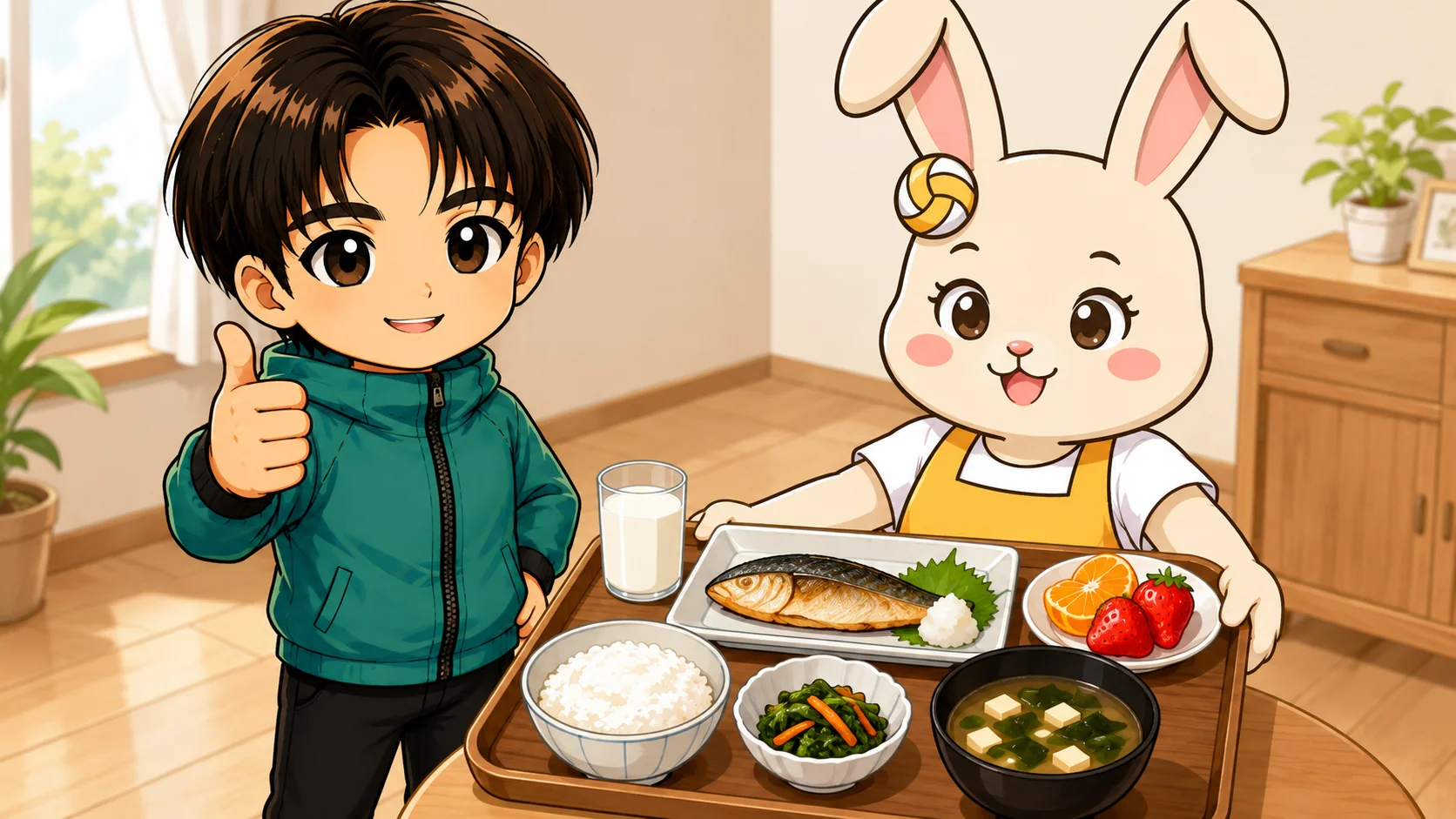 いろどりのよい定食スタイルでビタミン・ミネラルをまんべんなく摂るイラスト