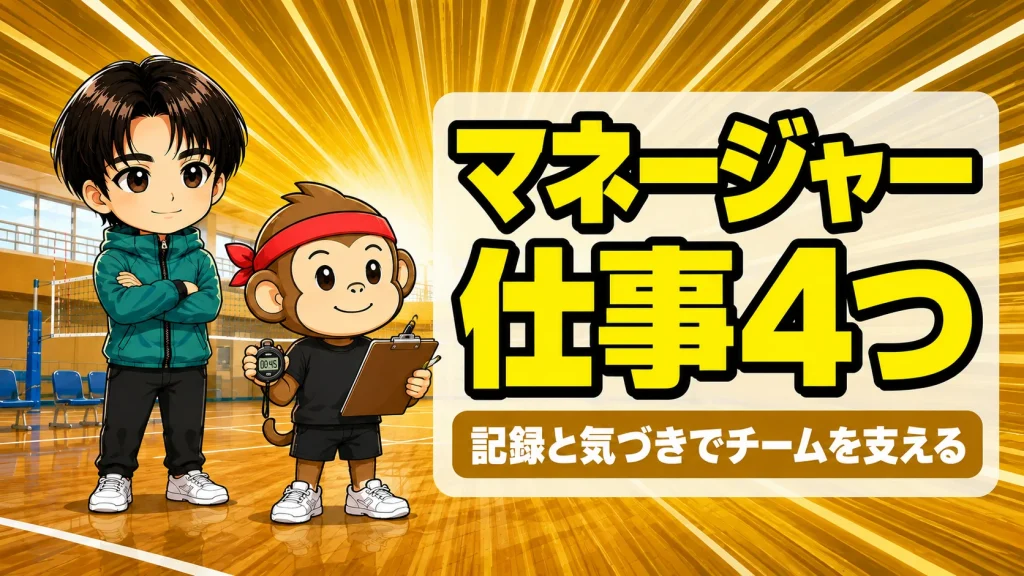 バレー部のマネージャーがコート脇で記録を取るイラスト