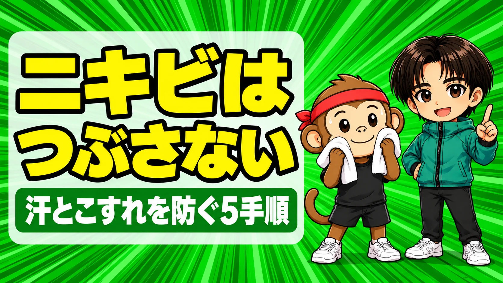 ニキビはつぶさないと伝えるあげばと汗を拭くサルくん