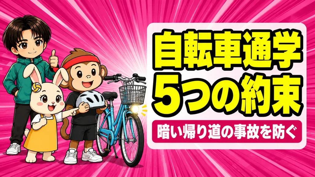 部活の自転車通学で事故を防ぐ約束を紹介するアイキャッチ。サルくんがヘルメットを持って自転車の横に立ち、うさママがライトを指差して確認し、あげばが親指を立てている