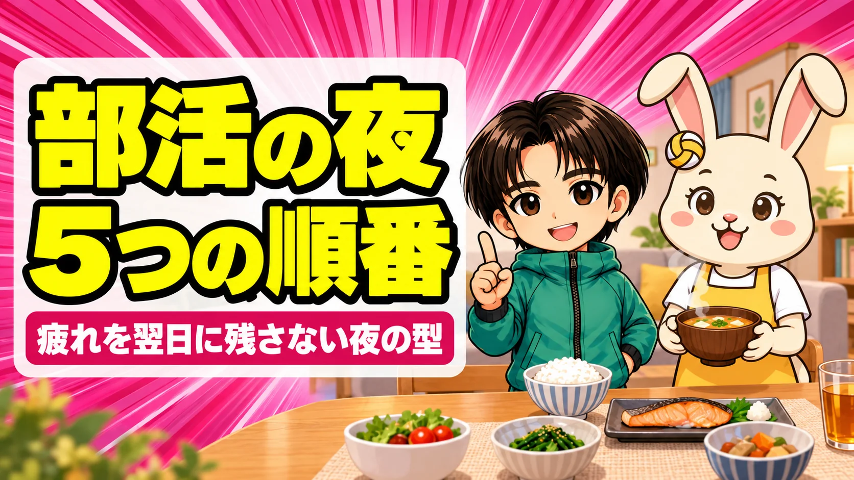 バレー部の子の夜の過ごし方を解説するアイキャッチ。帰宅後の夕食・お風呂・勉強・睡眠を並べる5つの順番を紹介