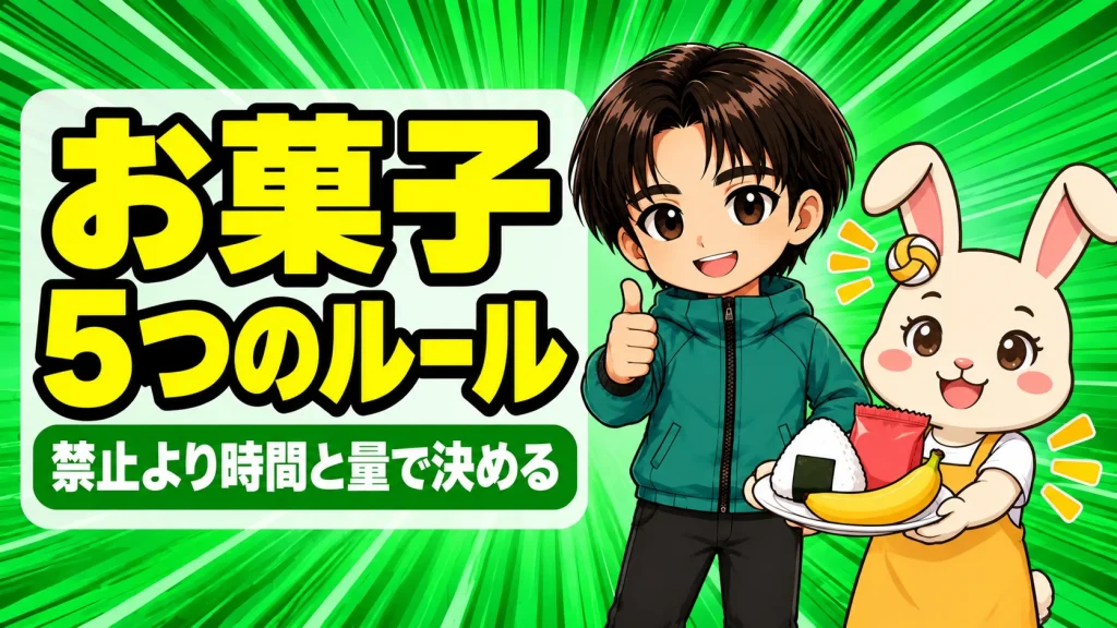 部活の子のお菓子のルールを紹介するアイキャッチ。うさママがおにぎりとバナナとお菓子の小袋を乗せたお皿を差し出し、あげばが親指を立てている