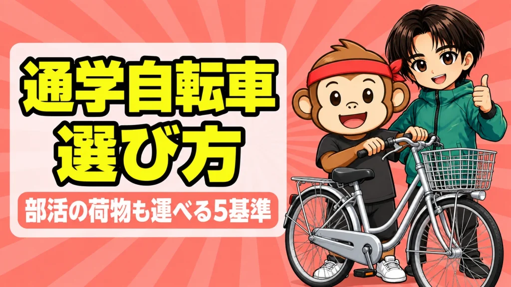 部活の子の通学自転車の選び方を説明するあげばコーチとサルくんと通学用自転車