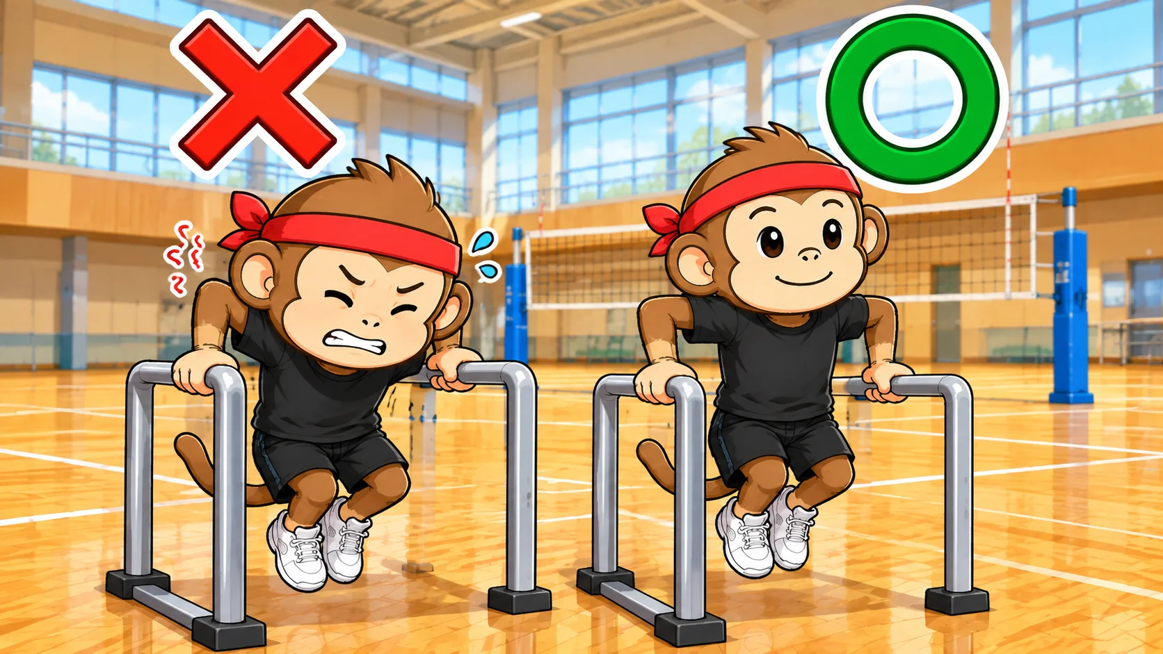 ディップスで深く沈めすぎた姿勢と肘90度で止めた正しい姿勢の比較図解