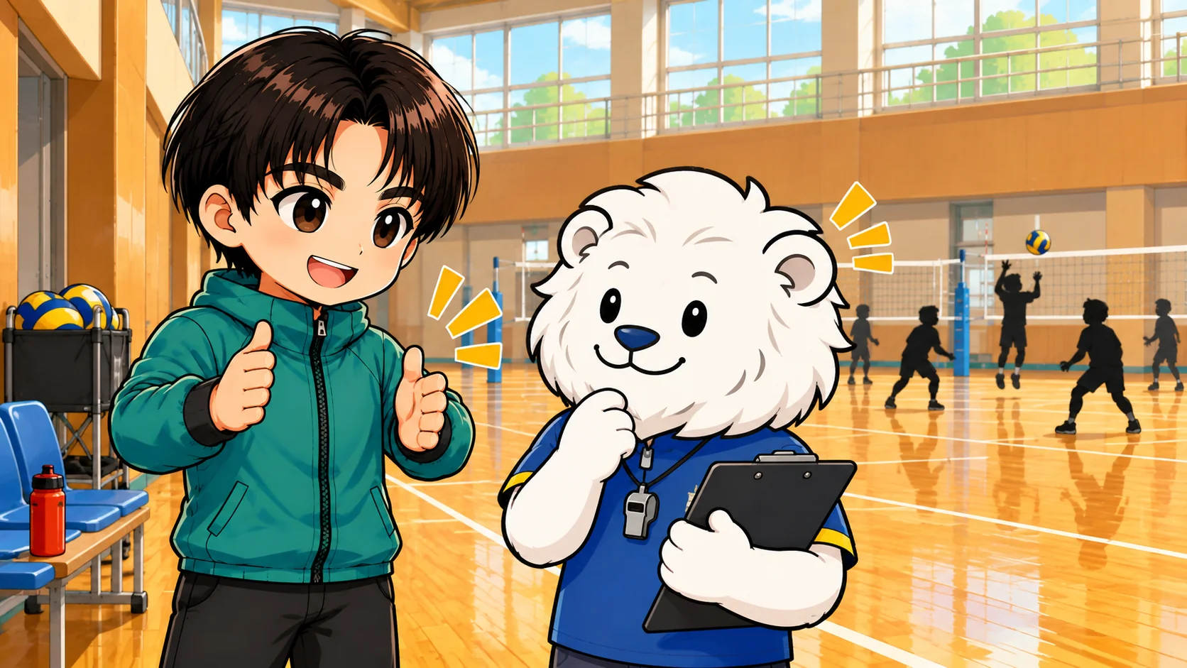小学生のバレー練習メニューの順番と時間配分を確認するコーチ