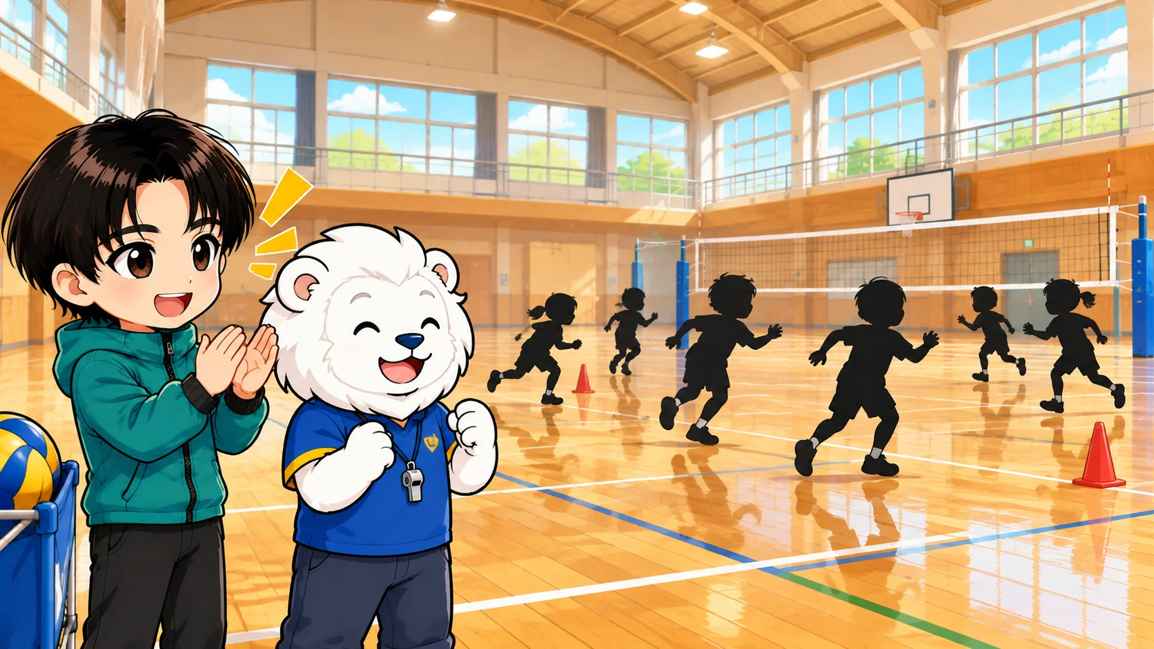小学生が飽きずに続く練習の工夫として鬼ごっこでアップする様子