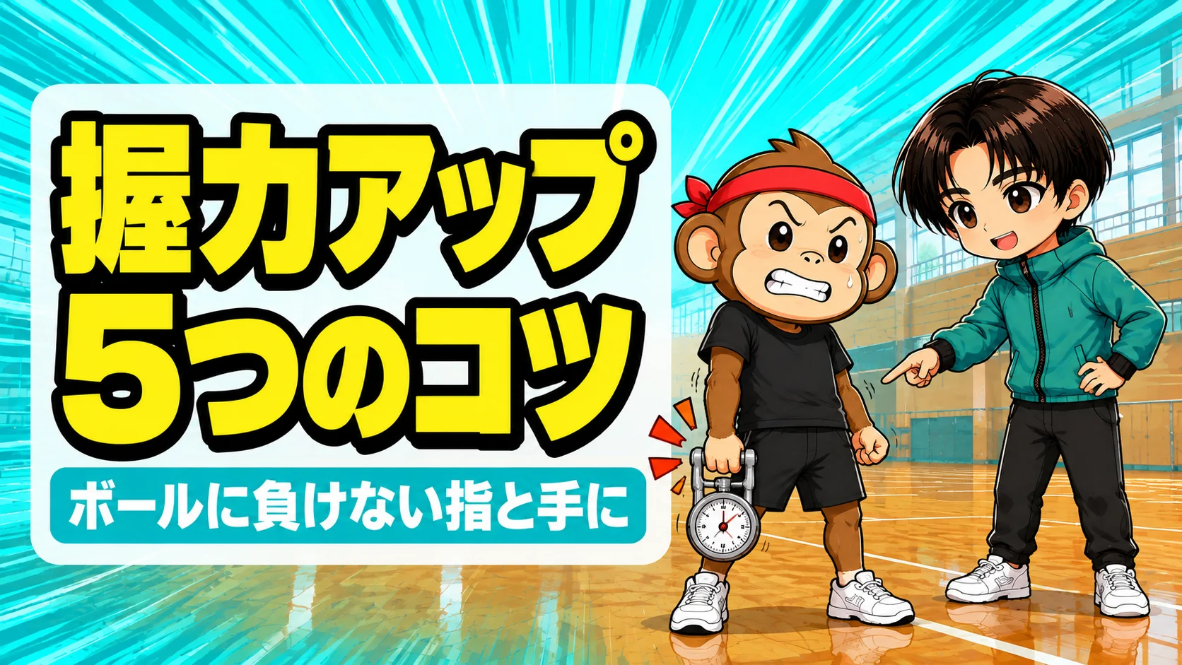 握力のコツを解説するアイキャッチ。握力計を腕を下げて握るサルくんとあげば