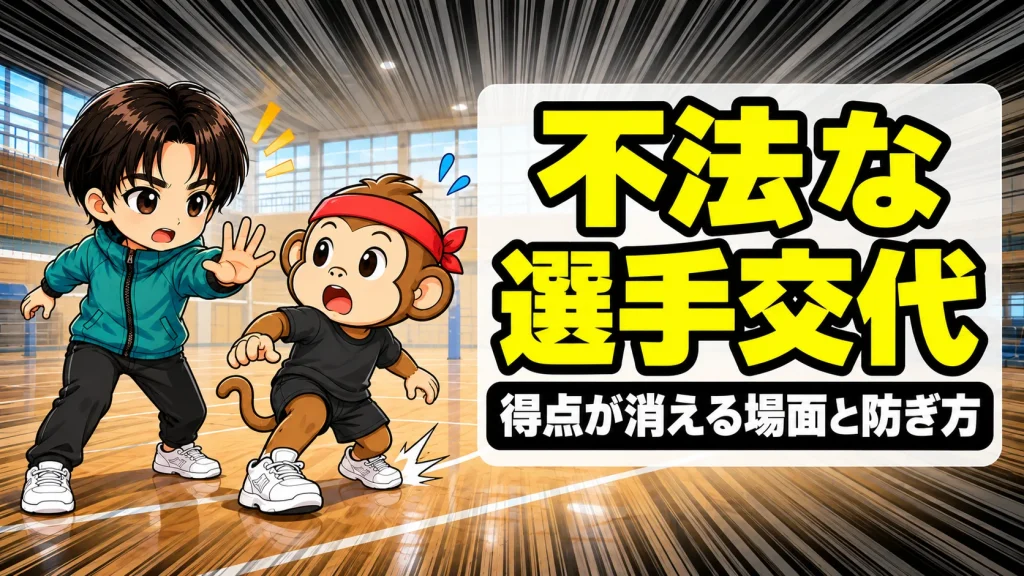 バレーの不法な選手交代で得点が消える場面と防ぎ方を解説するアイキャッチ