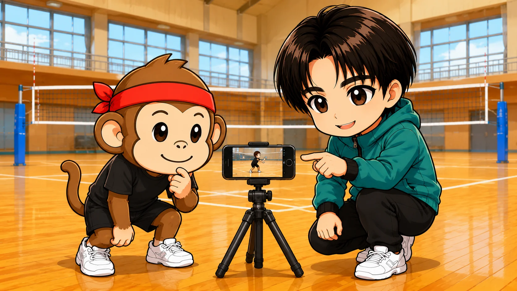 バレーが上手くなる方法として自分のフォームをスマホで撮って見比べる選手のイラスト
