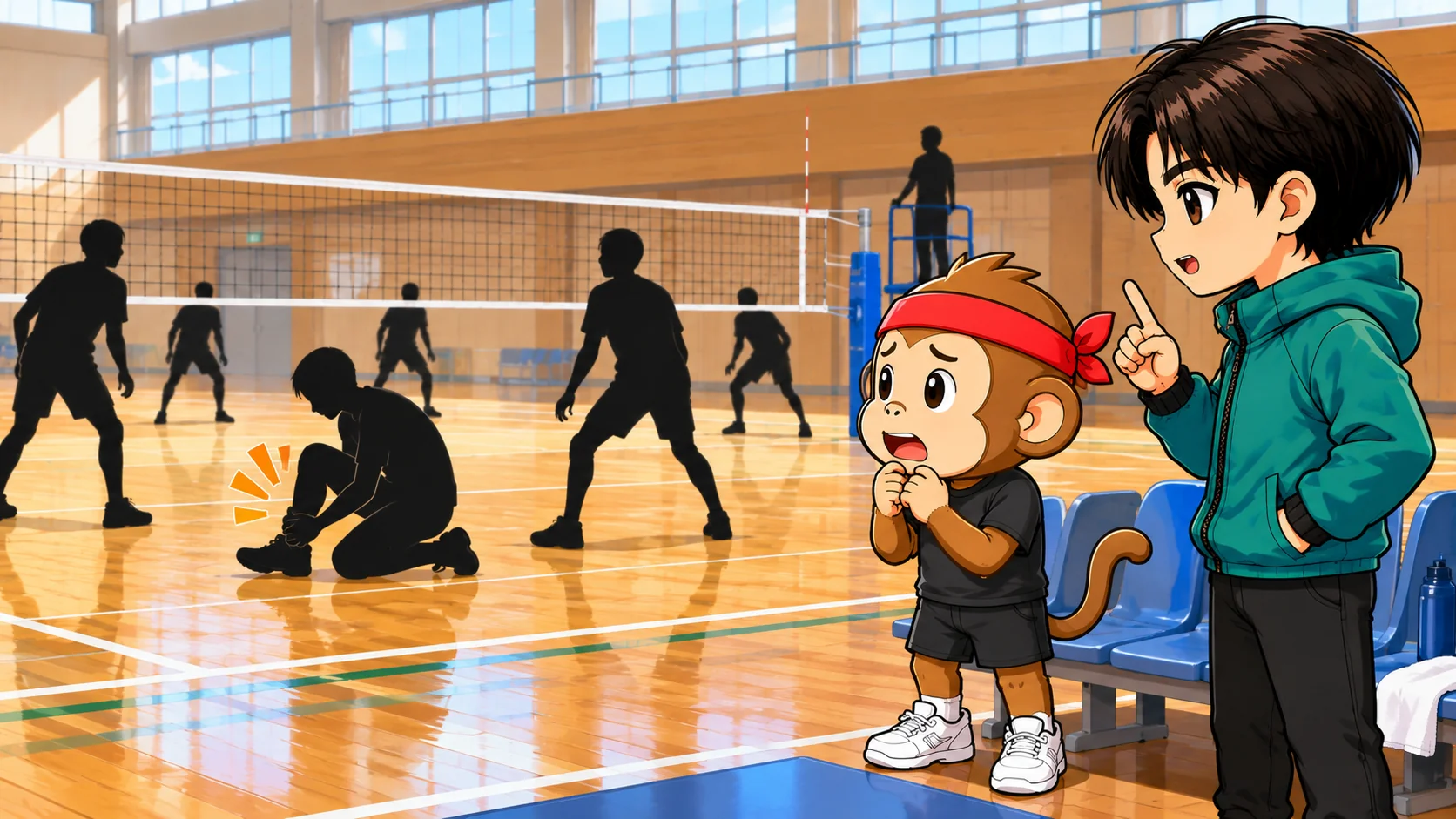 バレーの試合中にけが人が出て6人をそろえられず不完全チームになるか心配する場面