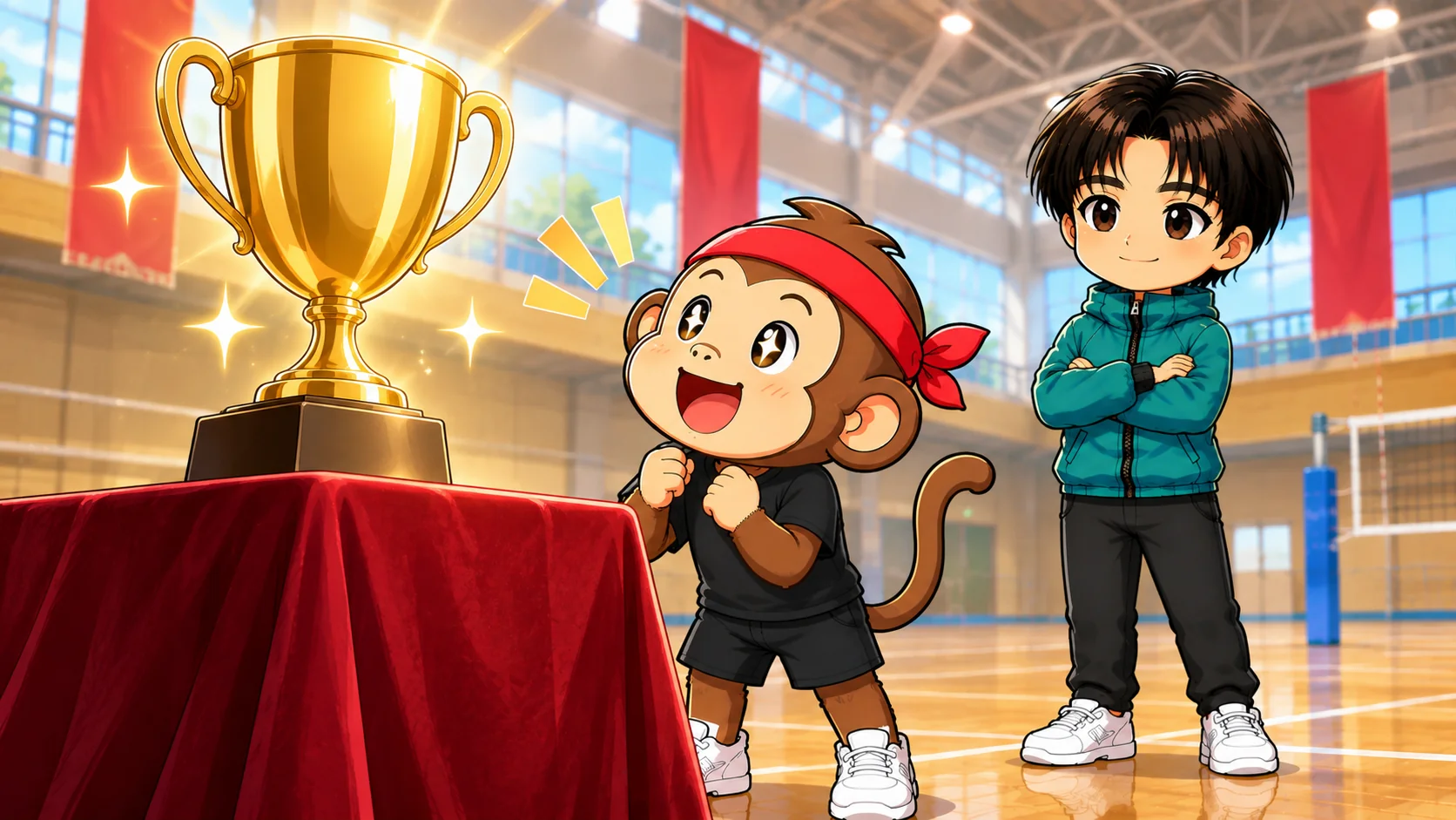 世界選手権の優勝トロフィーを見上げるバレー選手