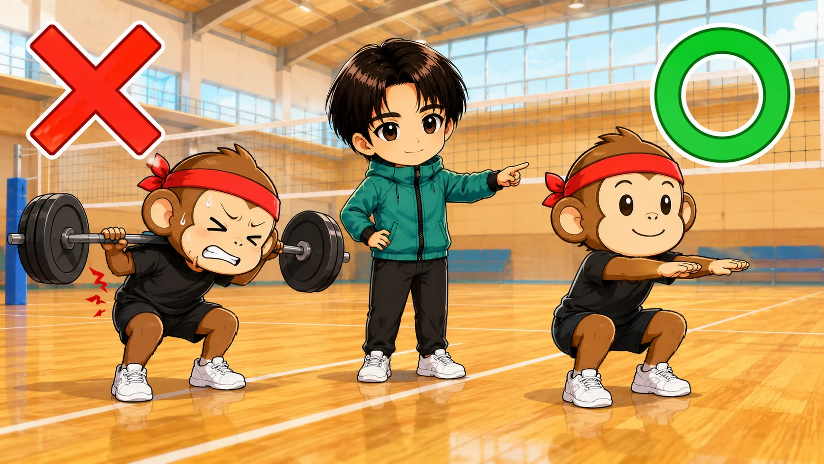 中学生の筋トレで避けたい重いバーベルのNG例と自重スクワットのOK例の比較イラスト