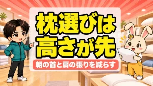 寝具売り場でうさママが枕の高さを確かめ、あげばコーチが助言する様子