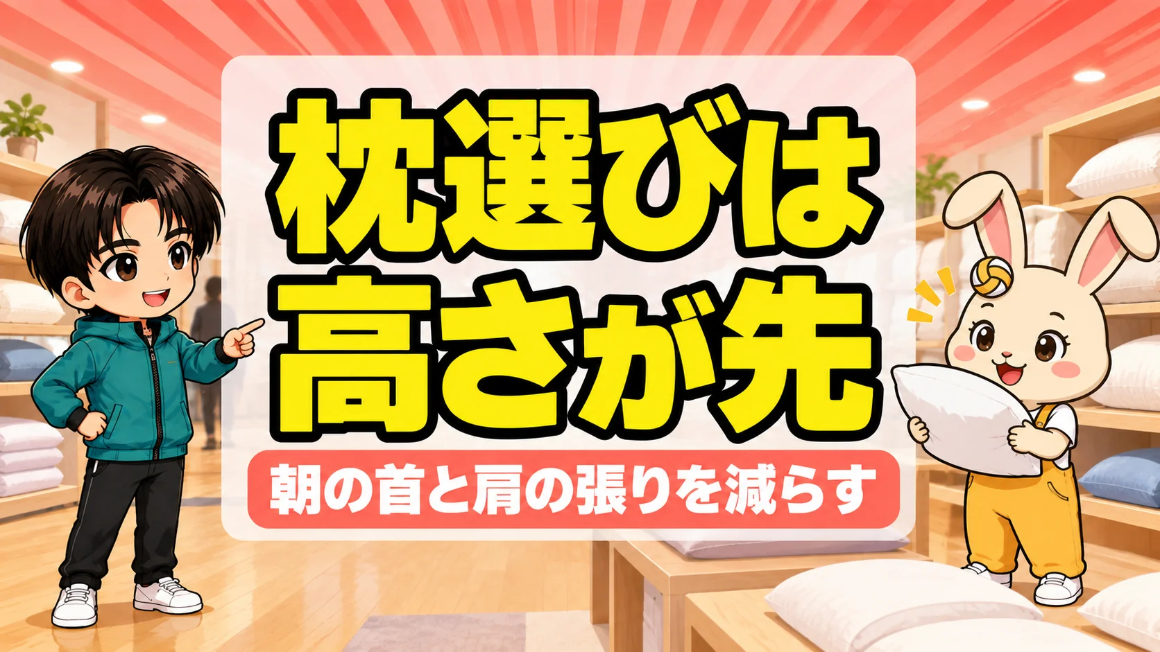 寝具売り場でうさママが枕の高さを確かめ、あげばコーチが助言する様子