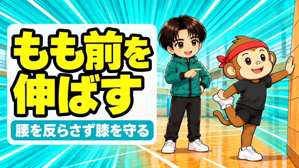 もも前ストレッチのやり方を解説するアイキャッチ。サルくんが壁に手をついて片脚の足首を持ち太ももの前を伸ばし、あげばが指差して見守る