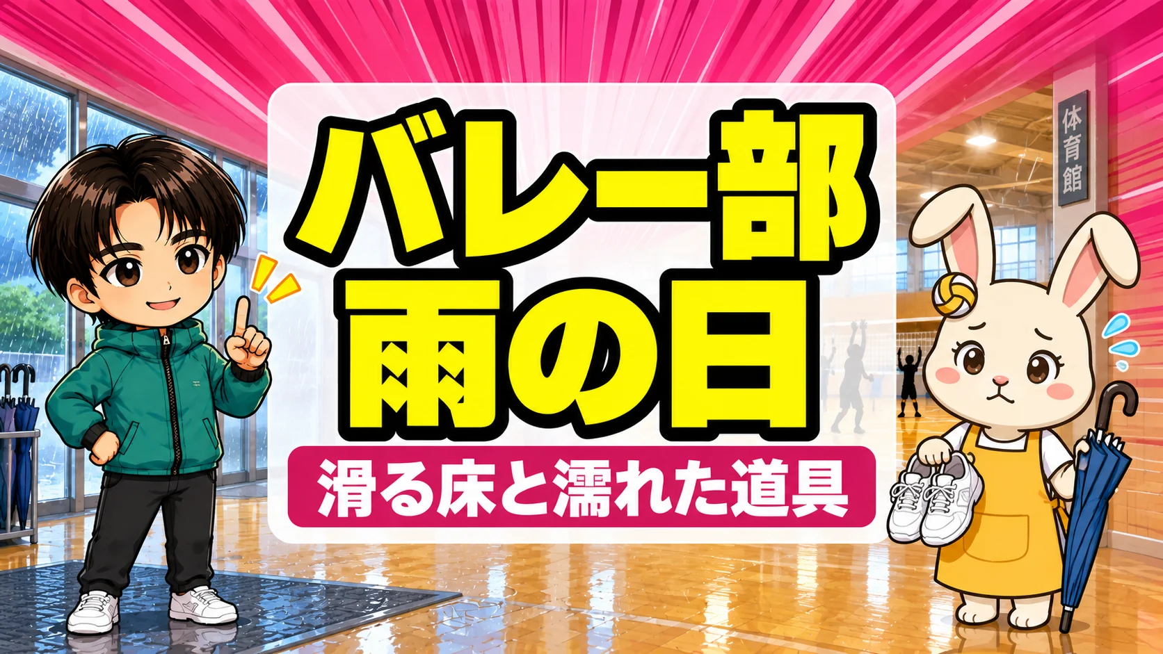 雨の日のバレー部で滑る床と濡れた道具に備えるポイントを説明するあげばとうさママ