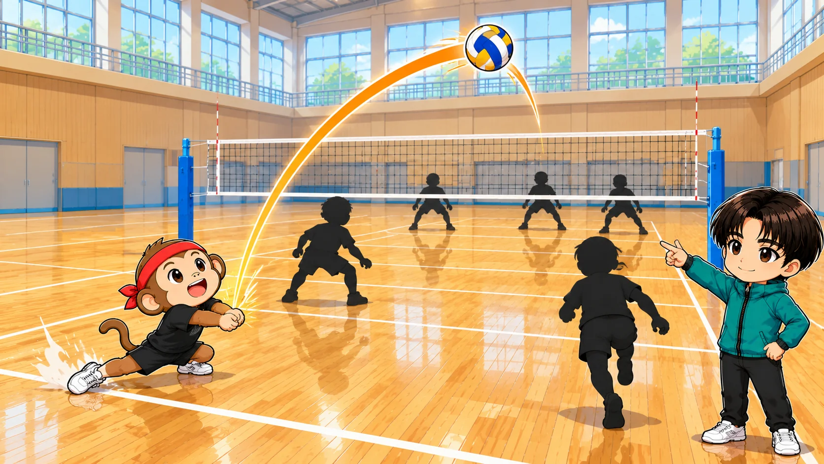 バレーで崩れた体勢から二段トスを高く上げてスパイカーの助走時間を作るイラスト