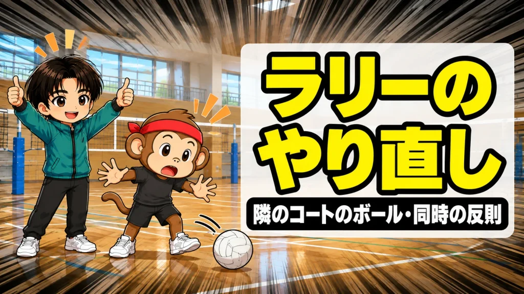 バレーのラリーのやり直しになる場面を解説するアイキャッチ(隣のコートのボールに驚くサルくんと親指を立てるあげば)