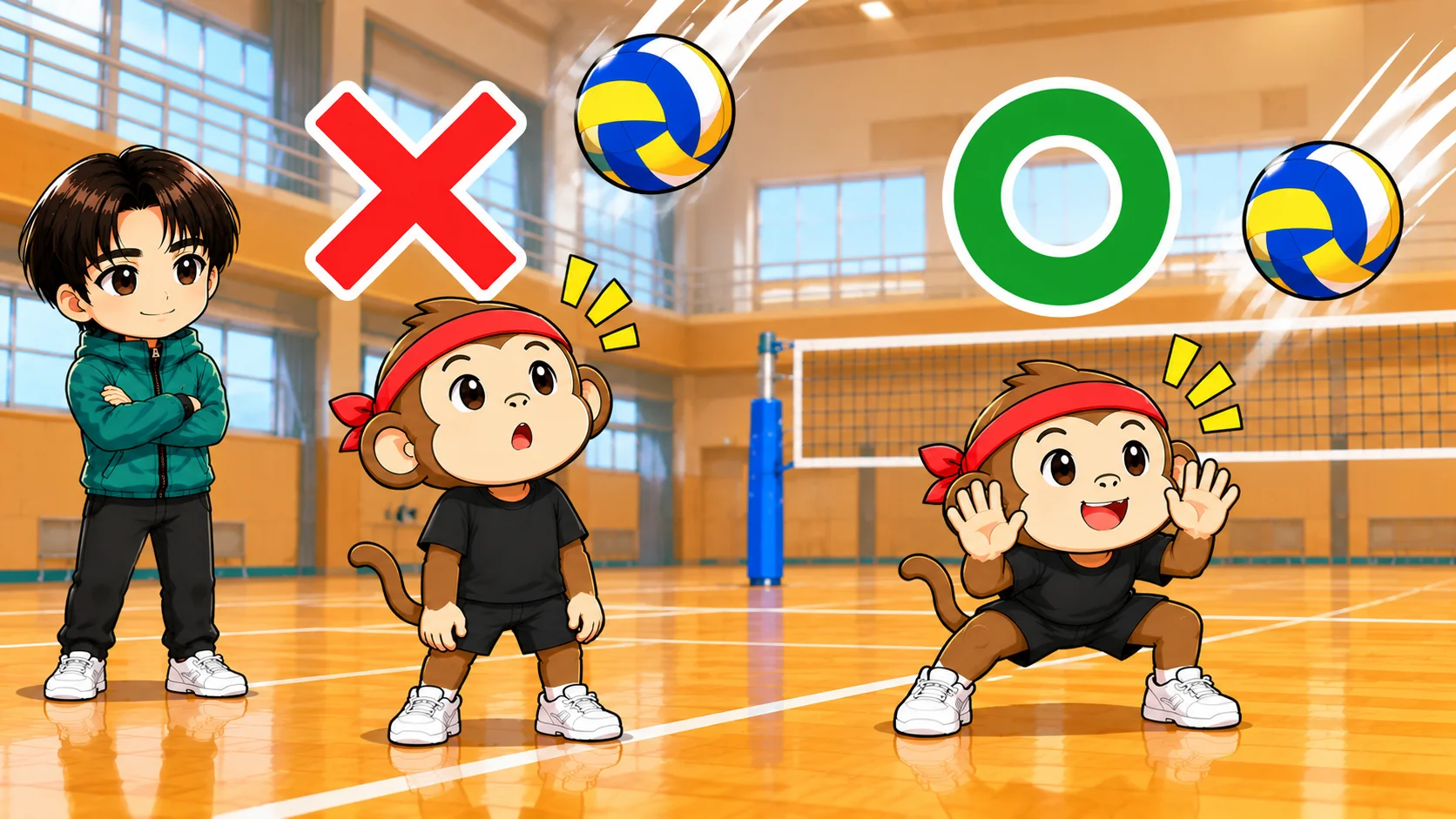 シートレシーブで手を下げて棒立ちの悪い例とハンズアップして低く構える正しい例の比較図