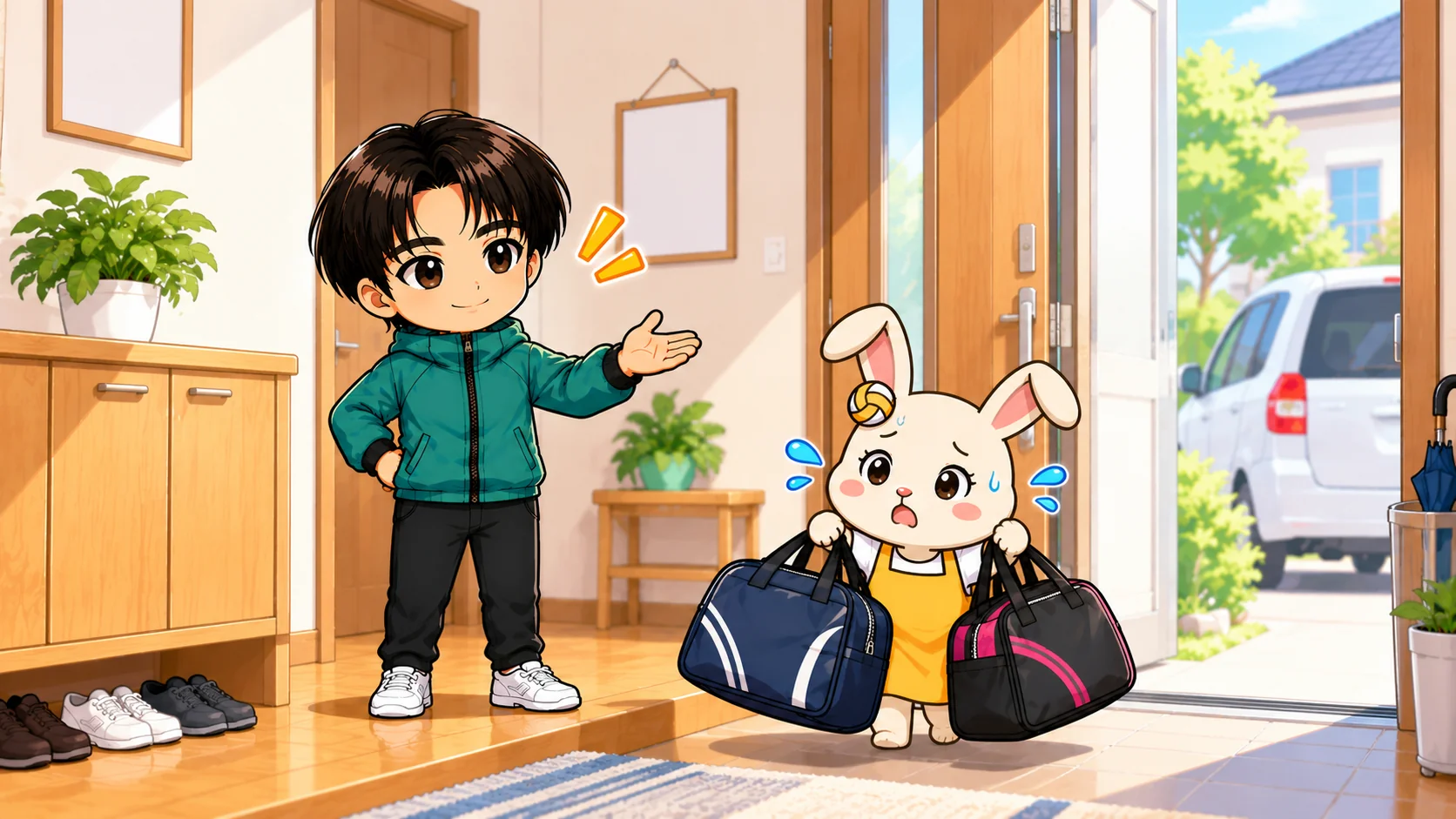 きょうだい2人分の部活バッグを抱えて送迎に慌てる保護者のイラスト