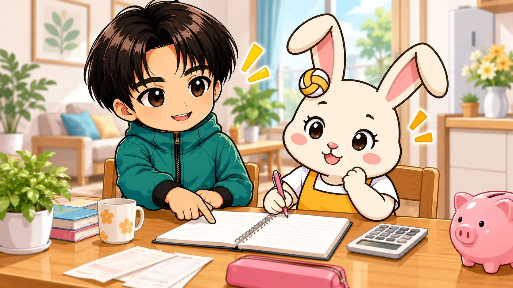 きょうだいの部活費用を年間で書き出して家計を整理する様子のイラスト