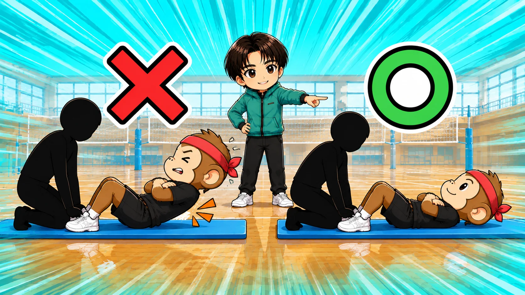 上体起こしで戻りが浅く背中がマットにつかない悪い例と肩甲骨までつける正しい例の比較図