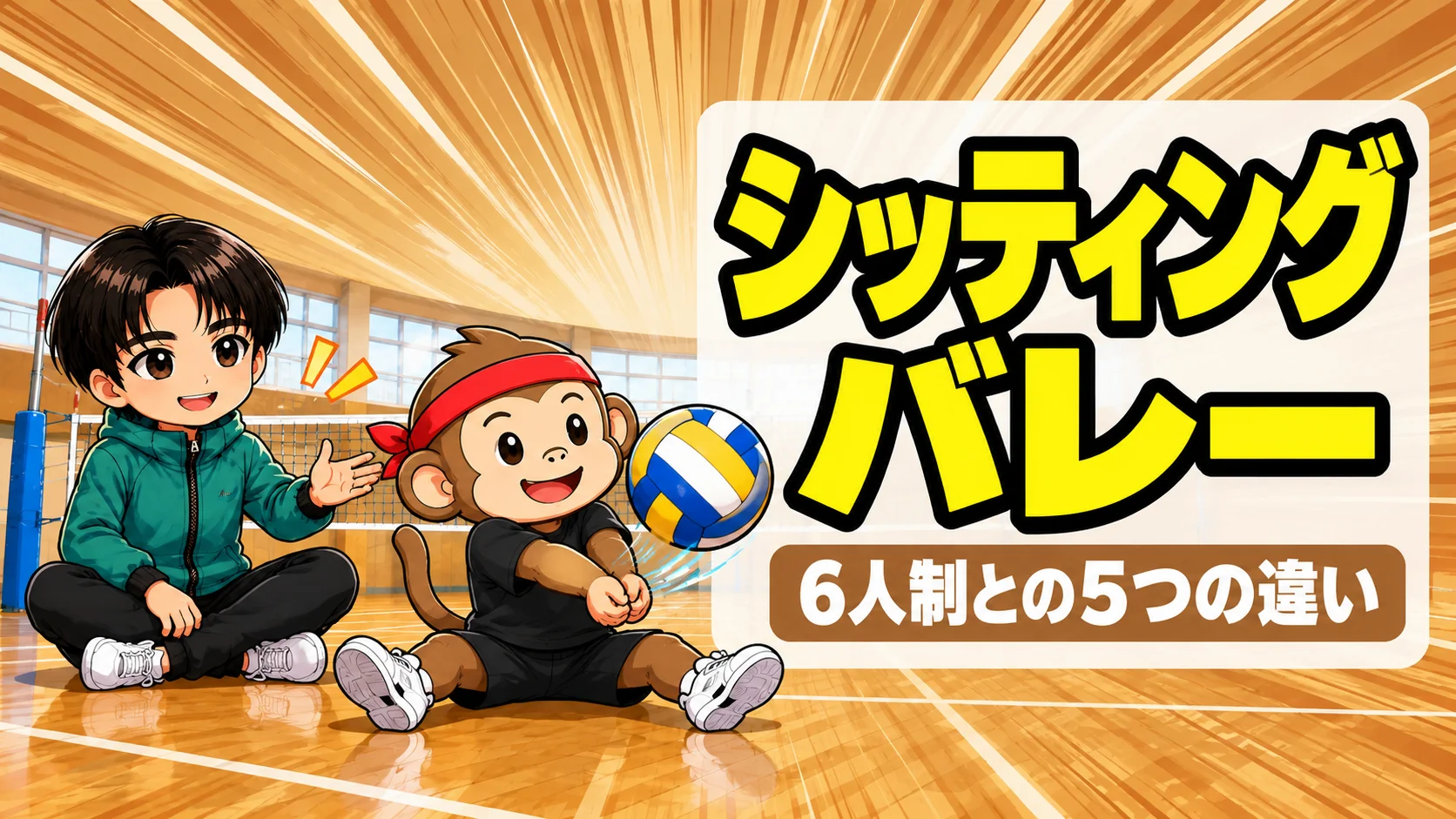 シッティングバレーで床に座ってボールを受ける選手とコーチ
