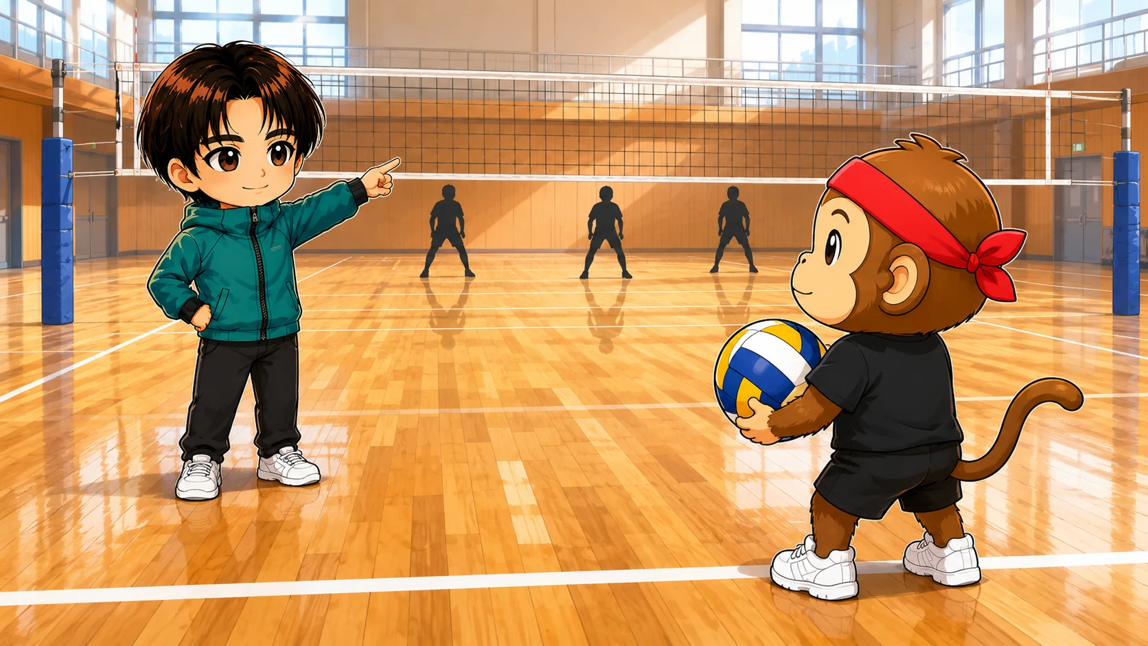 バレーの試合の立ち上がりで最初のサーブの狙いどころを確認する選手とコーチのイラスト