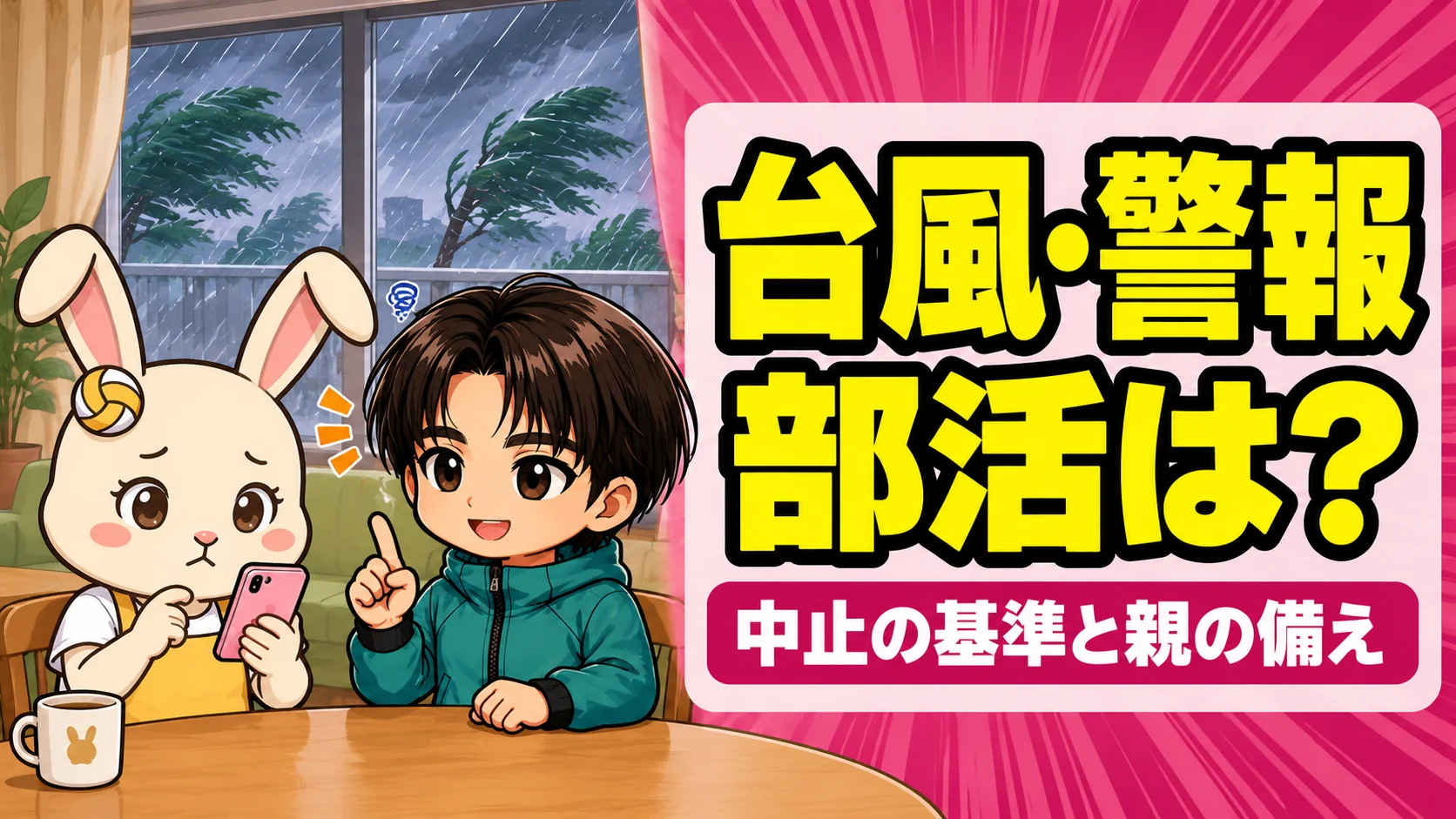 台風・警報で部活は中止になるかを親が確認するイラスト