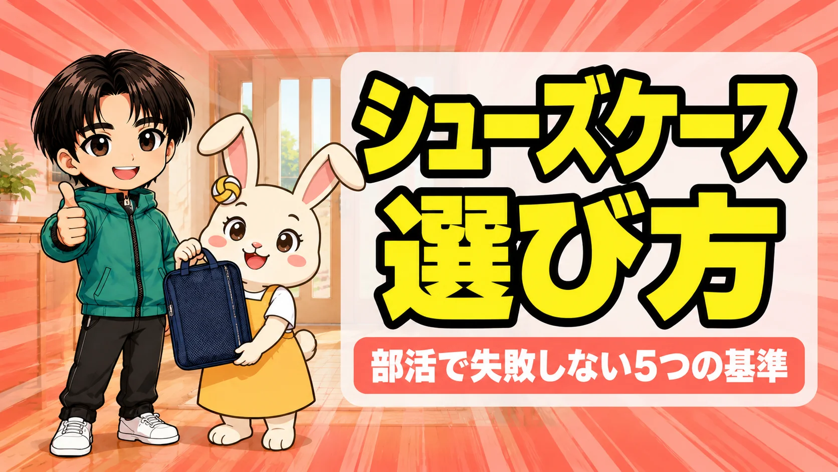 バレーシューズケースの選び方を紹介するアイキャッチ。うさママが紺色のメッシュのシューズケースを持ち、あげばが親指を立てている