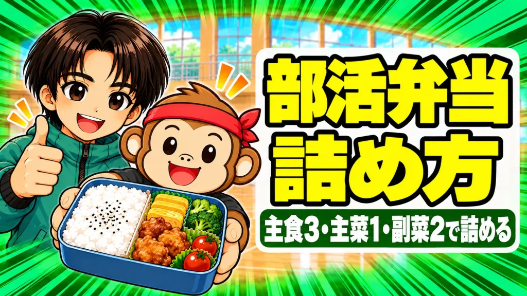 部活弁当の詰め方を紹介するアイキャッチ。サルくんがご飯・卵焼き・からあげ・ブロッコリー・ミニトマトを詰めた弁当箱を見せ、あげばがサムズアップしている